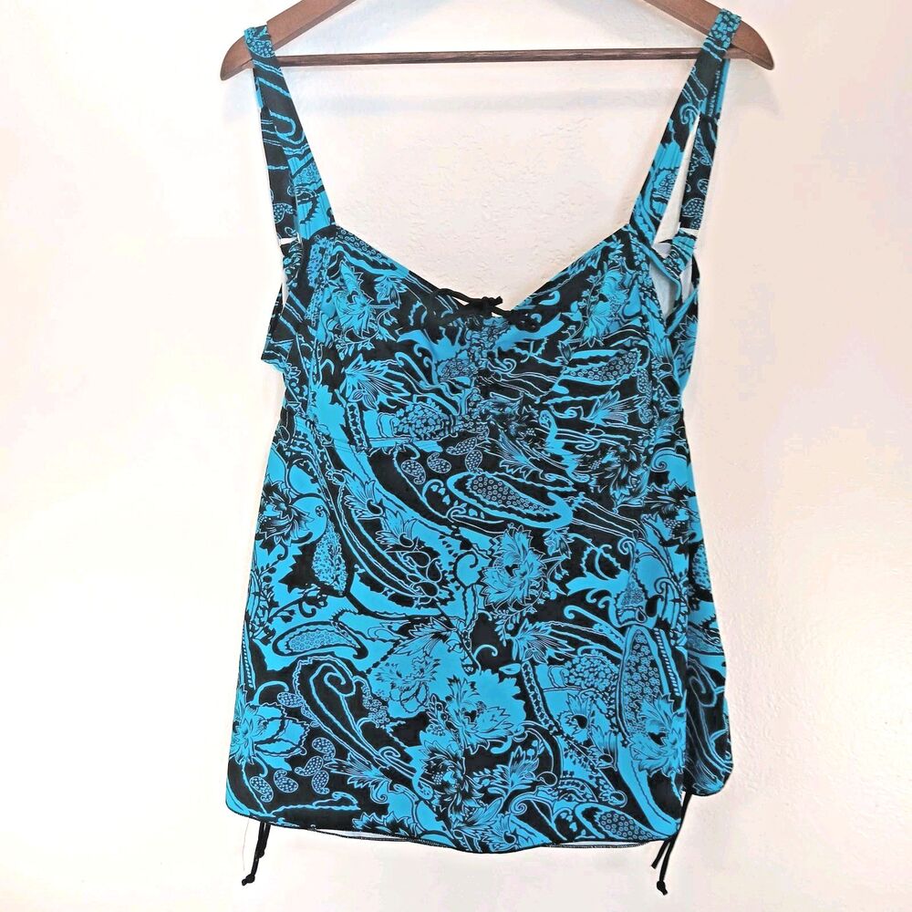Plus Size 18 Tankini Swim Top Blue Black Paisley Floral Ruched Adjustable